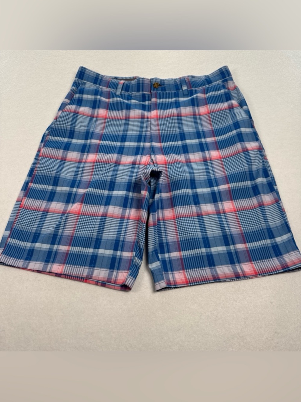PGA Tour Shorts Mens 32 Blue Madras Plaid Stretch Active Waistband Golf Chino